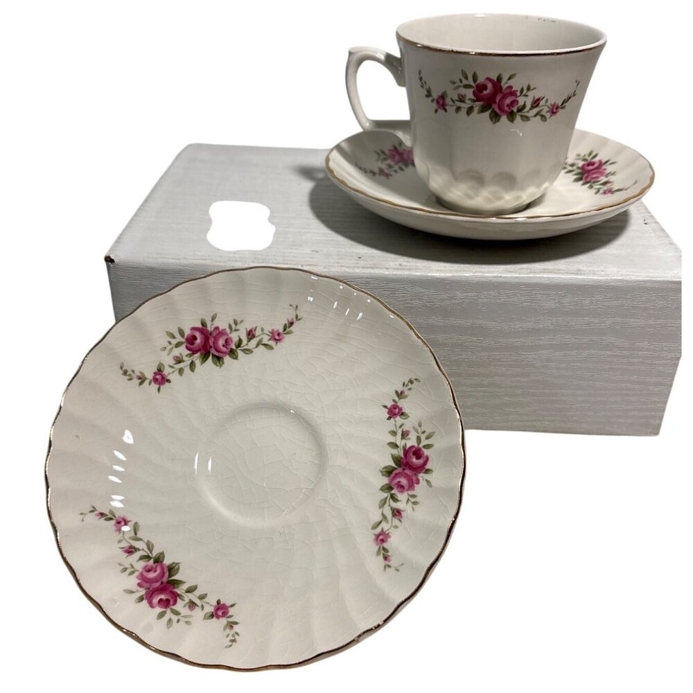 Ridgway Teacup and 2 Saucers Dainty Rose Fine Bone China England